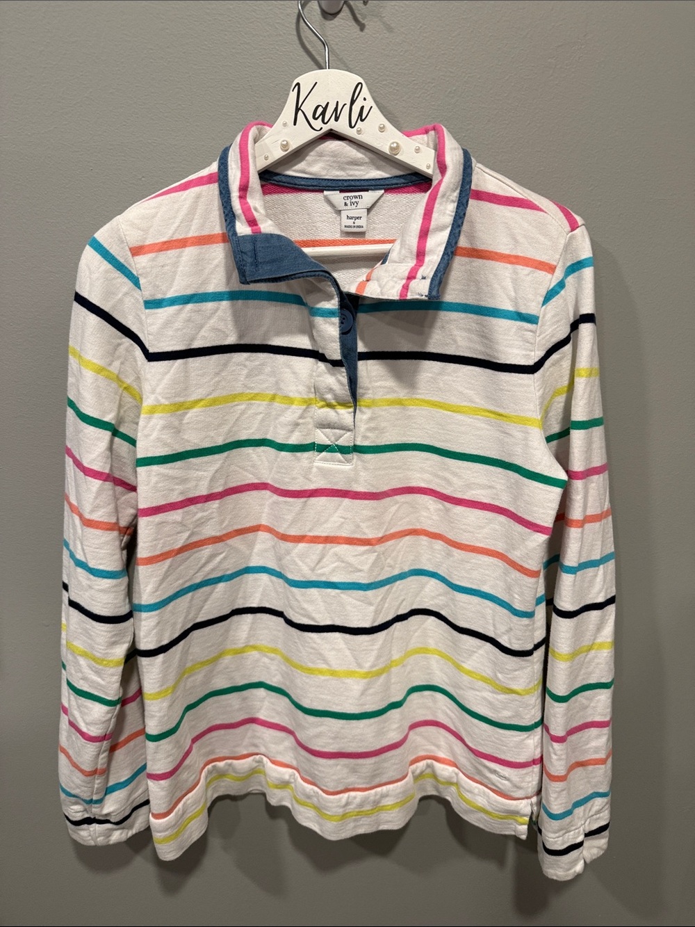 crown & ivy White Pullover Polo with Multicolor Stripes